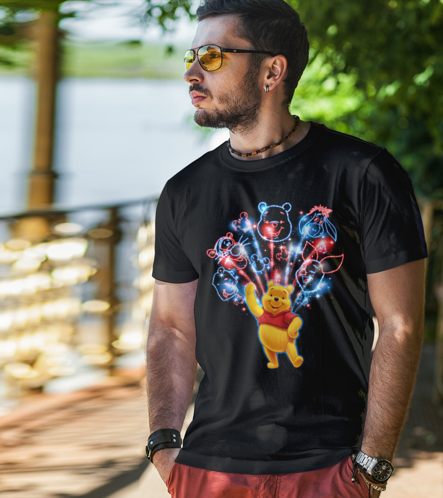 Winnie The Pooh Fireworks Celebration With Tigger Eeyore Piglet And Mickey Shapes T-Shirt