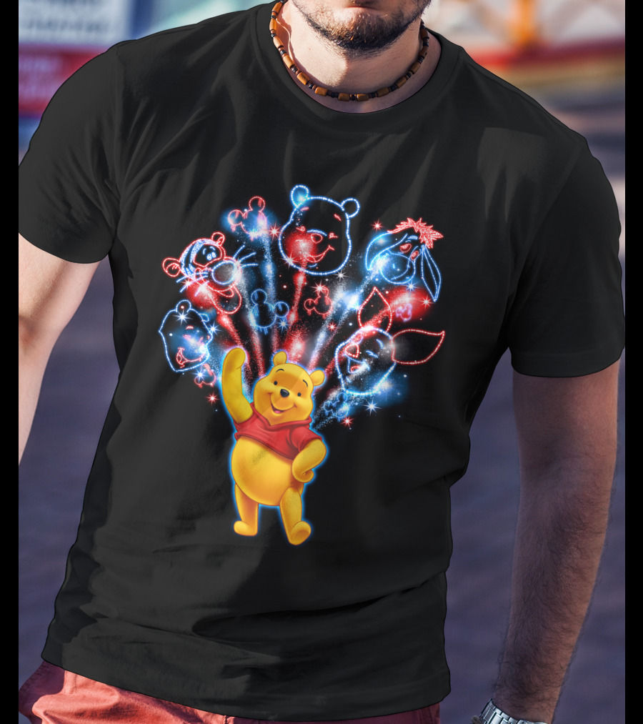 Winnie The Pooh Fireworks Celebration With Tigger Eeyore Piglet And Mickey Shapes T-Shirt