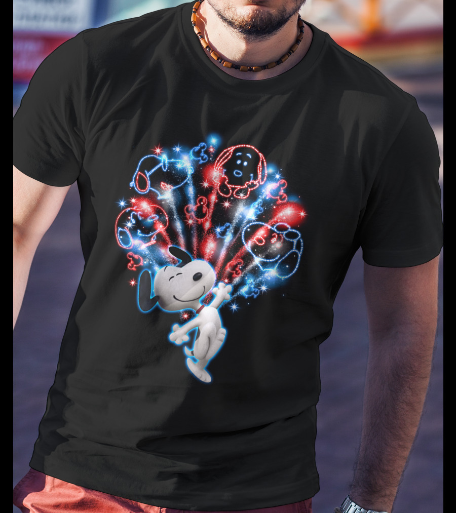 Snoopy Firework Celebration With Peanuts Characters In Red And Blue T-Shirt