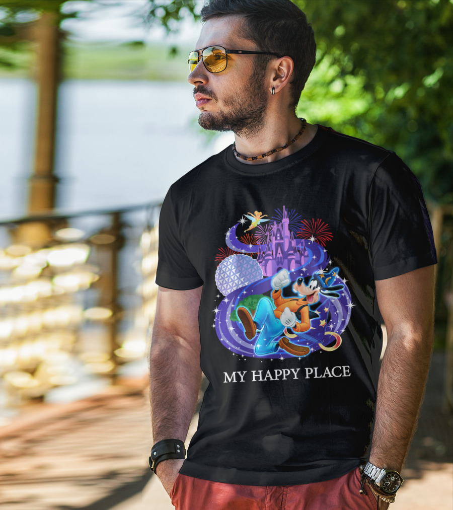 Goofy In My Happy Place With Castle And Fireworks T-Shirt