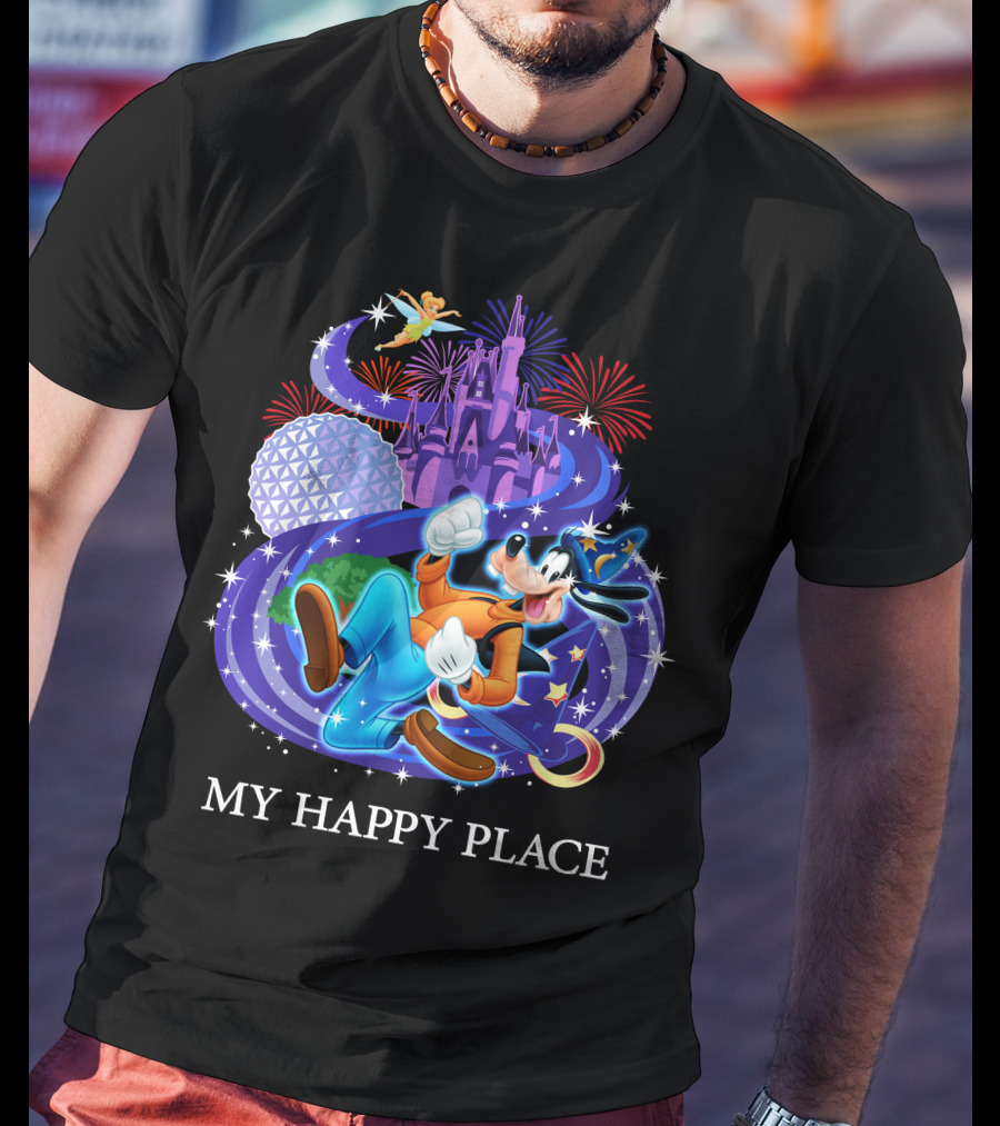 Goofy In My Happy Place With Castle And Fireworks T-Shirt