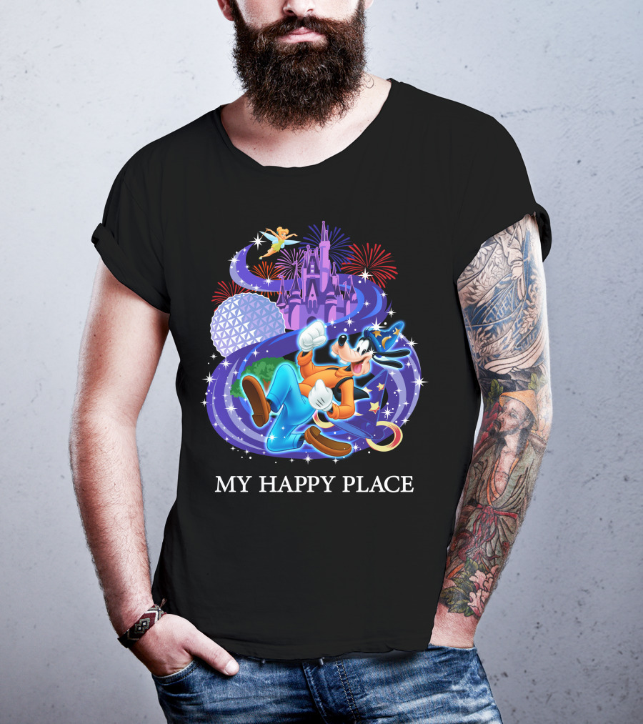 Goofy In My Happy Place With Castle And Fireworks T-Shirt