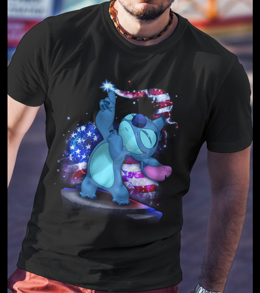 Stitch Bling July American Flag Fireworks Magic T-Shirt