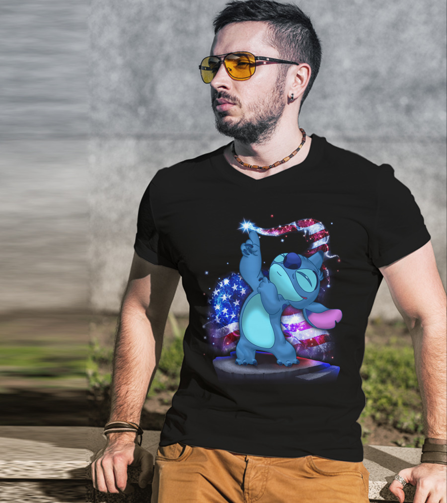 Stitch Bling July American Flag Fireworks Magic T-Shirt