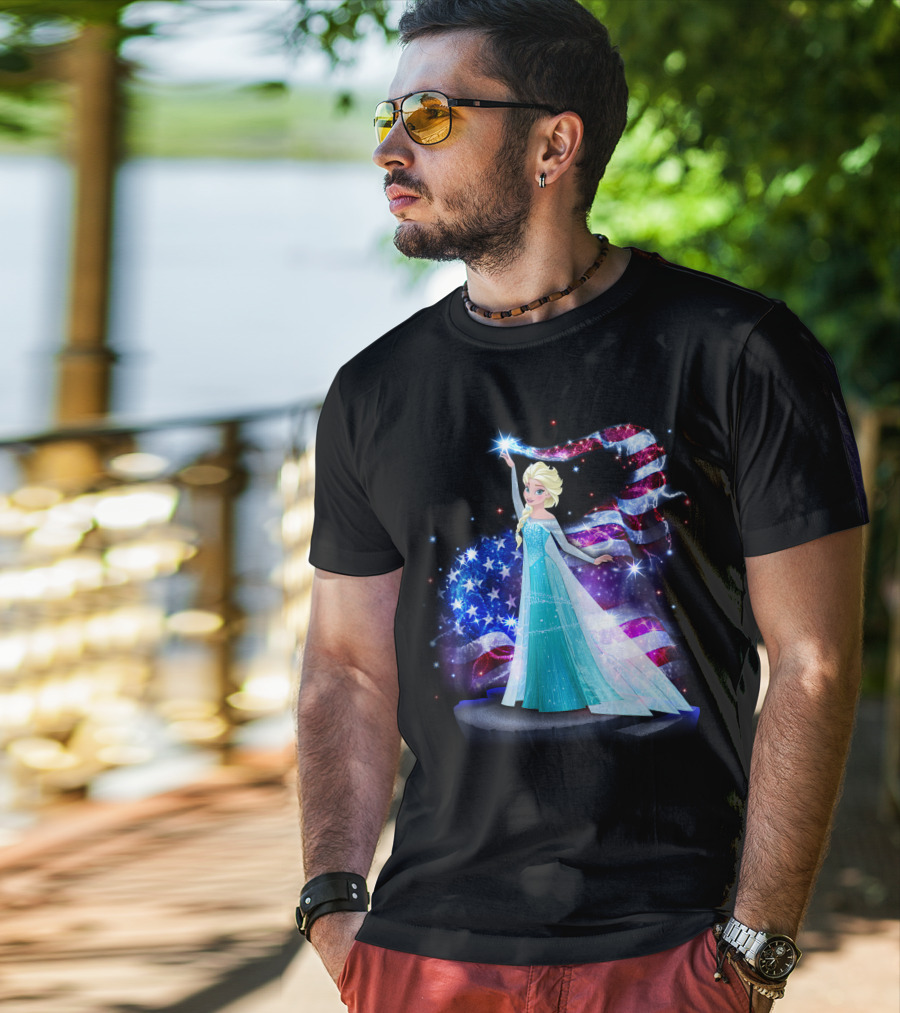 Frozen Elsa Sparkling American Flag Fourth Of July T-Shirt