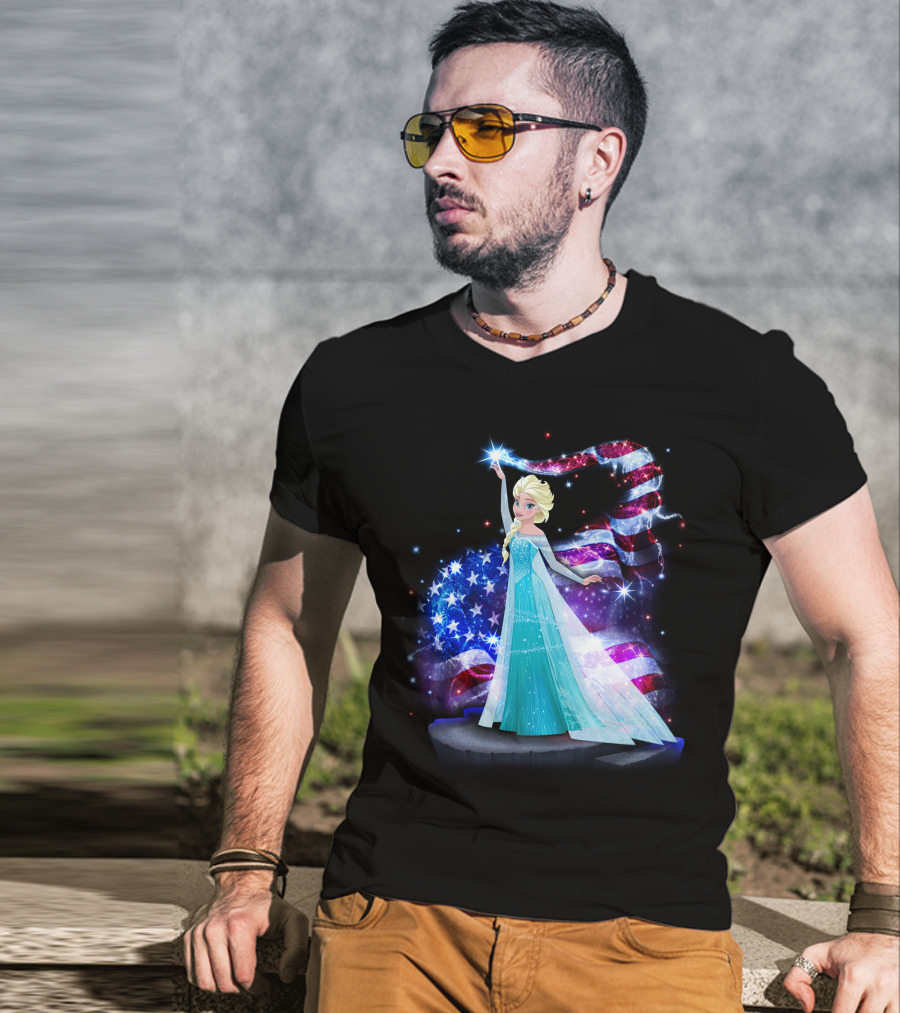 Frozen Elsa Sparkling American Flag Fourth Of July T-Shirt