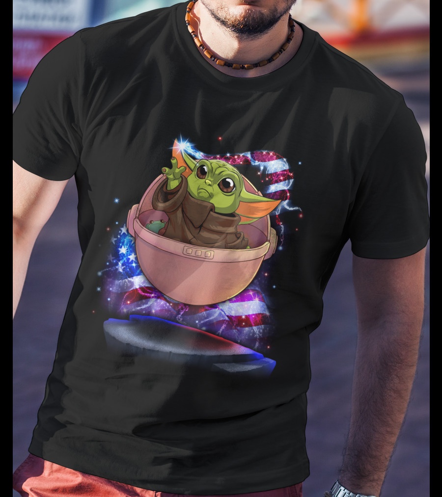 Baby Yoda Bling July American Flag Sparkle T-Shirt