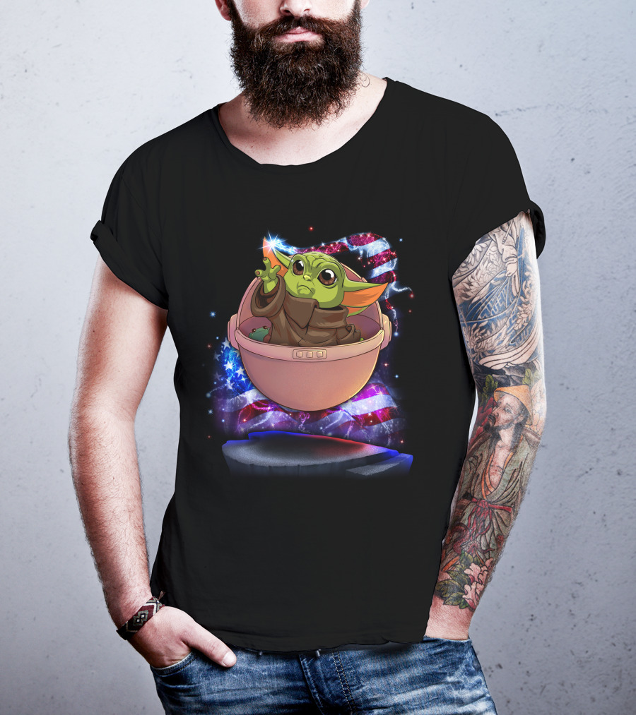 Baby Yoda Bling July American Flag Sparkle T-Shirt