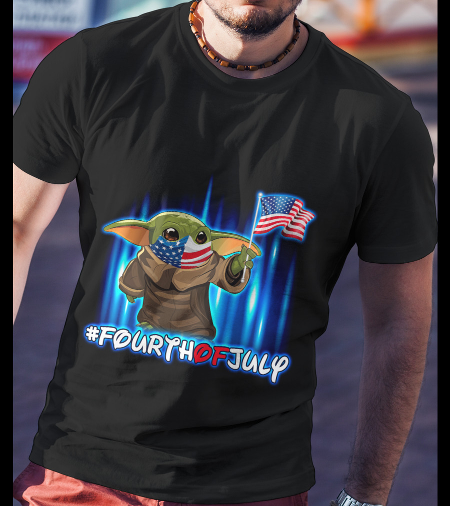 FOURTHOFJULY Baby Yoda With American Flag T-Shirt