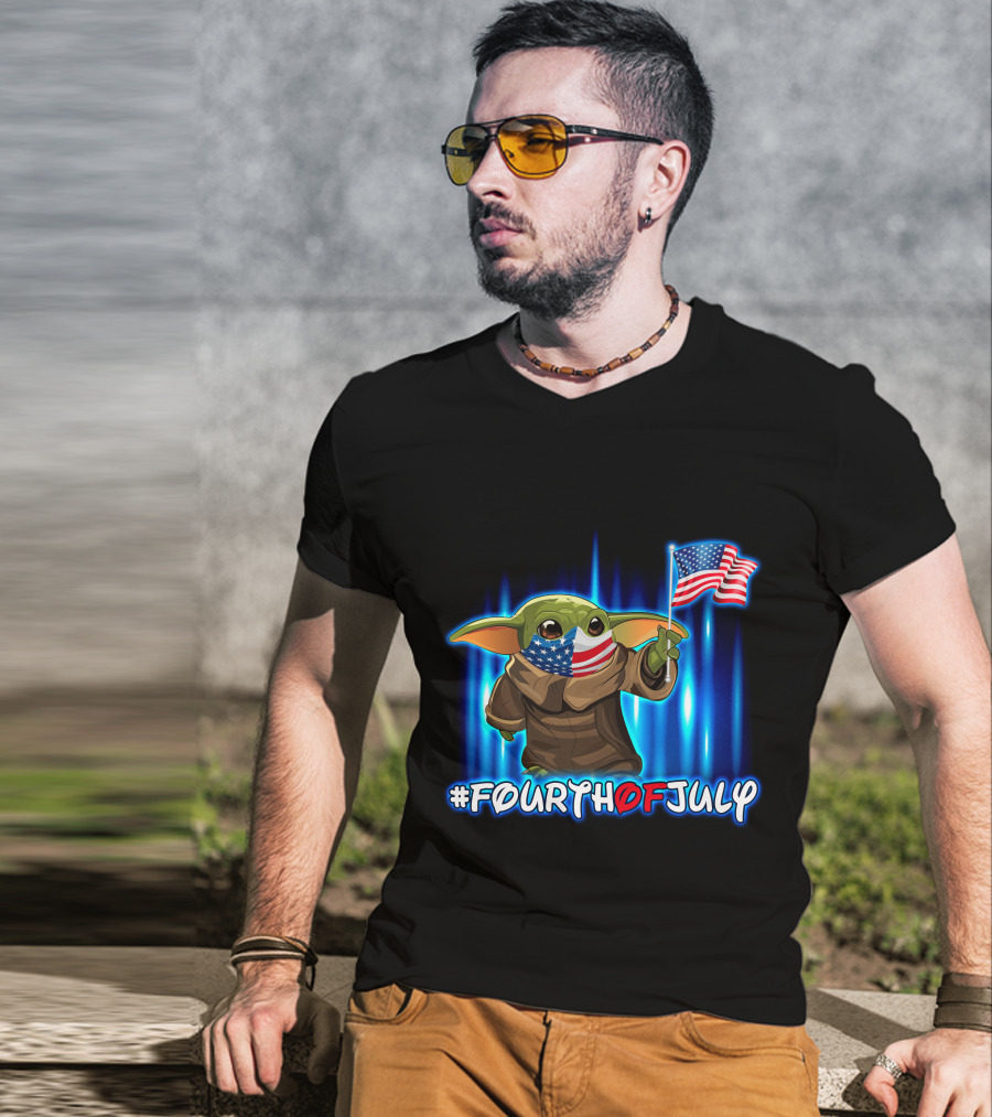 FOURTHOFJULY Baby Yoda With American Flag T-Shirt