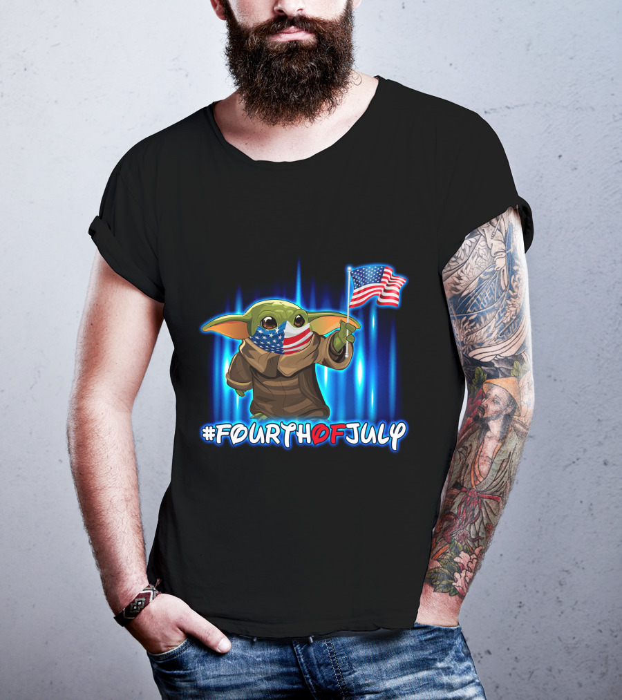 FOURTHOFJULY Baby Yoda With American Flag T-Shirt