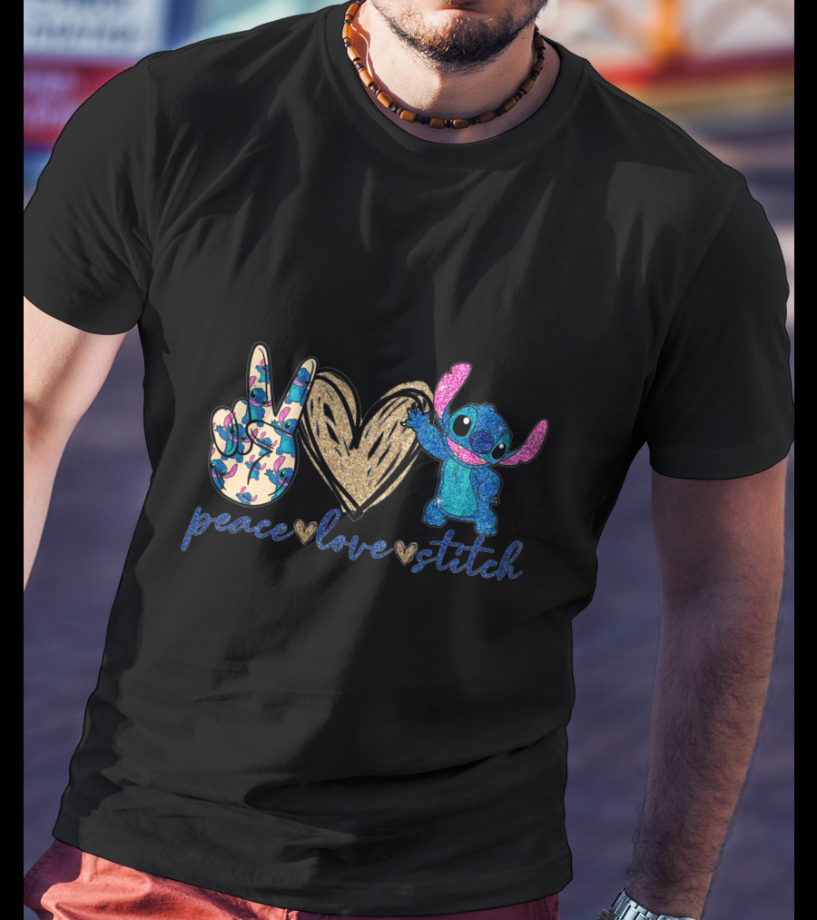 Peace Love Stitch Glittery Heart And Peace Sign T-Shirt