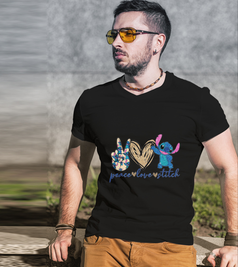 Peace Love Stitch Glittery Heart And Peace Sign T-Shirt