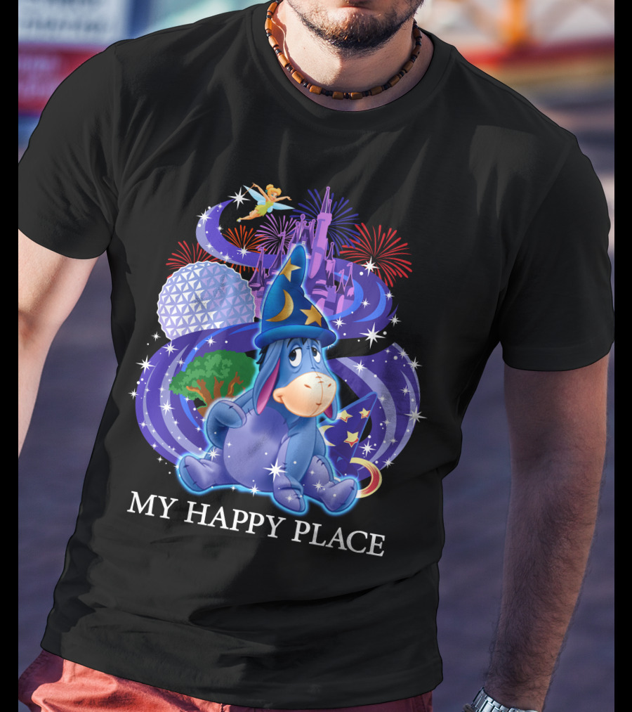 Eeyore My Happy Place Disney Castle Fireworks Spaceship Earth Tinker Bell T-Shirt