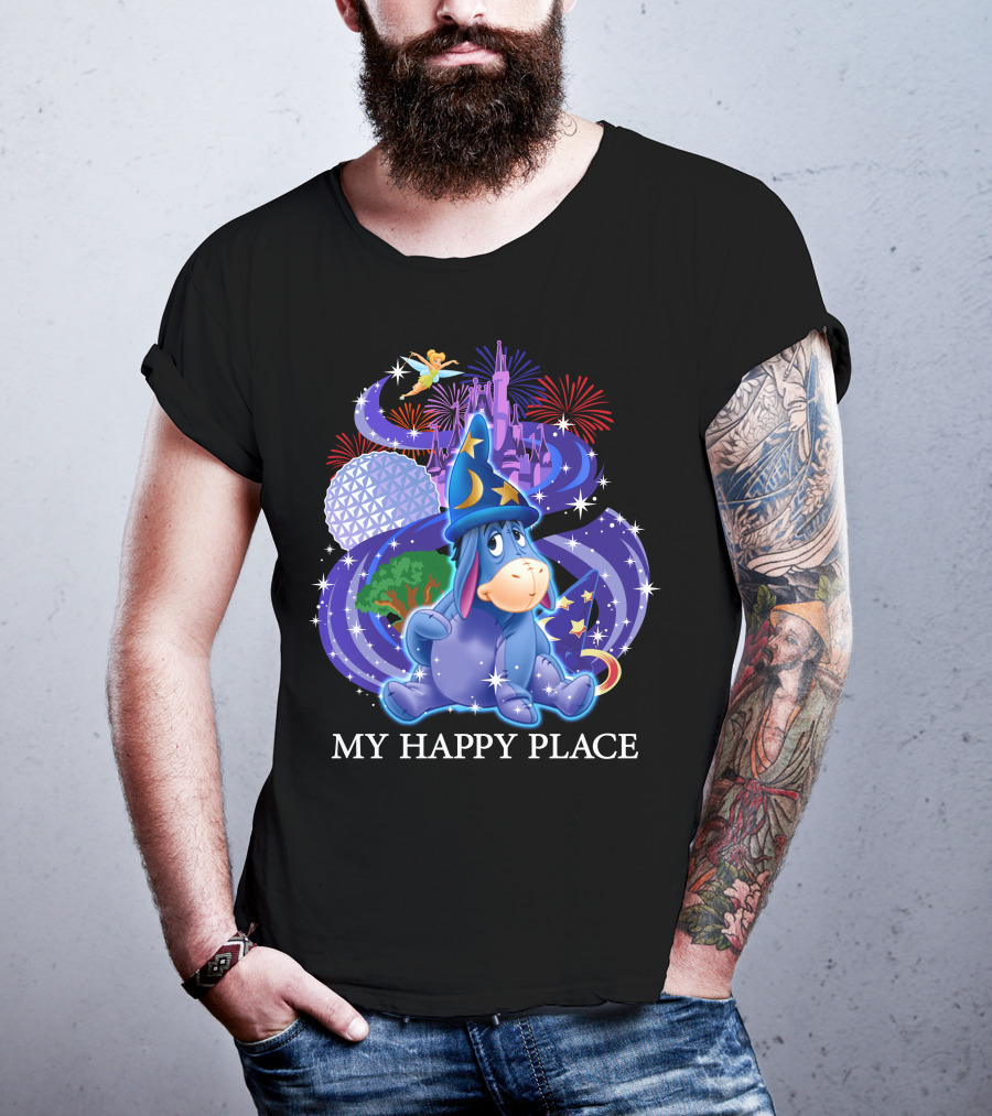 Eeyore My Happy Place Disney Castle Fireworks Spaceship Earth Tinker Bell T-Shirt