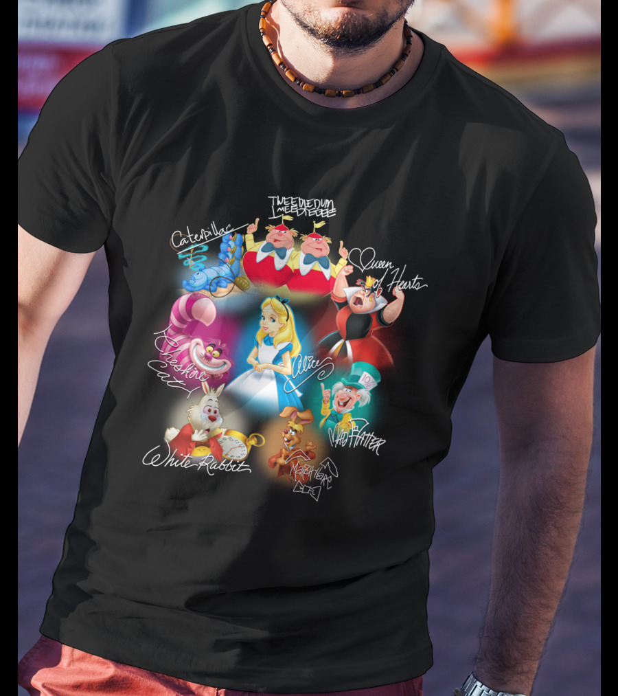 Alice Tweedledee Tweedledum Queen Hearts Cheshire Cat White Rabbit Mad Hatter Caterpillar March Hare Signatures T-Shirt