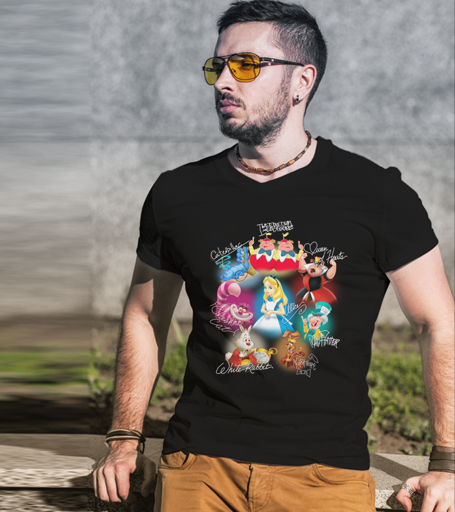 Alice Tweedledee Tweedledum Queen Hearts Cheshire Cat White Rabbit Mad Hatter Caterpillar March Hare Signatures T-Shirt