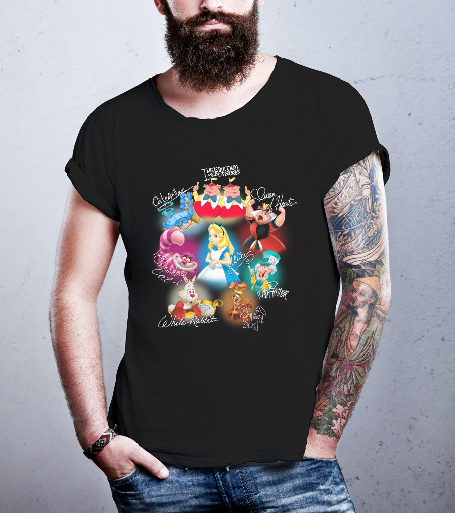 Alice Tweedledee Tweedledum Queen Hearts Cheshire Cat White Rabbit Mad Hatter Caterpillar March Hare Signatures T-Shirt