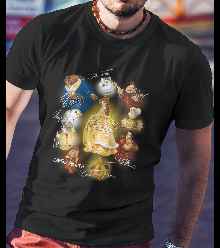 Belle Beast Mrs. Potts Chip Lumiere Cogsworth Enchanted Broom Gaston Maurice Lefou T-Shirt
