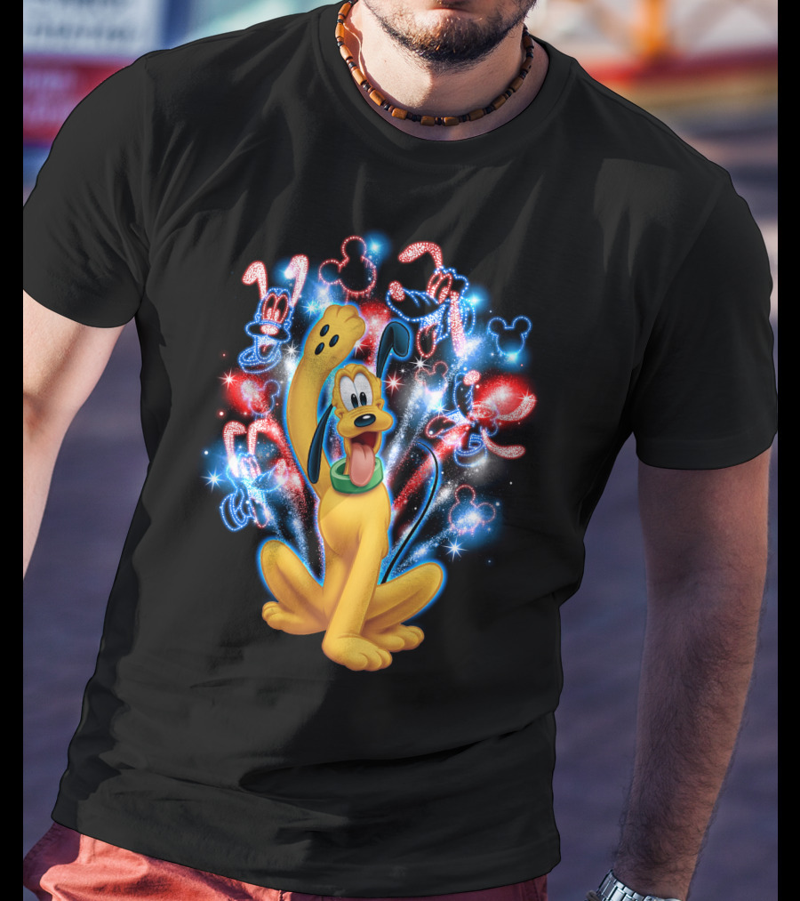 Pluto Disney Fireworks With Mickey Mouse Outlines T-Shirt