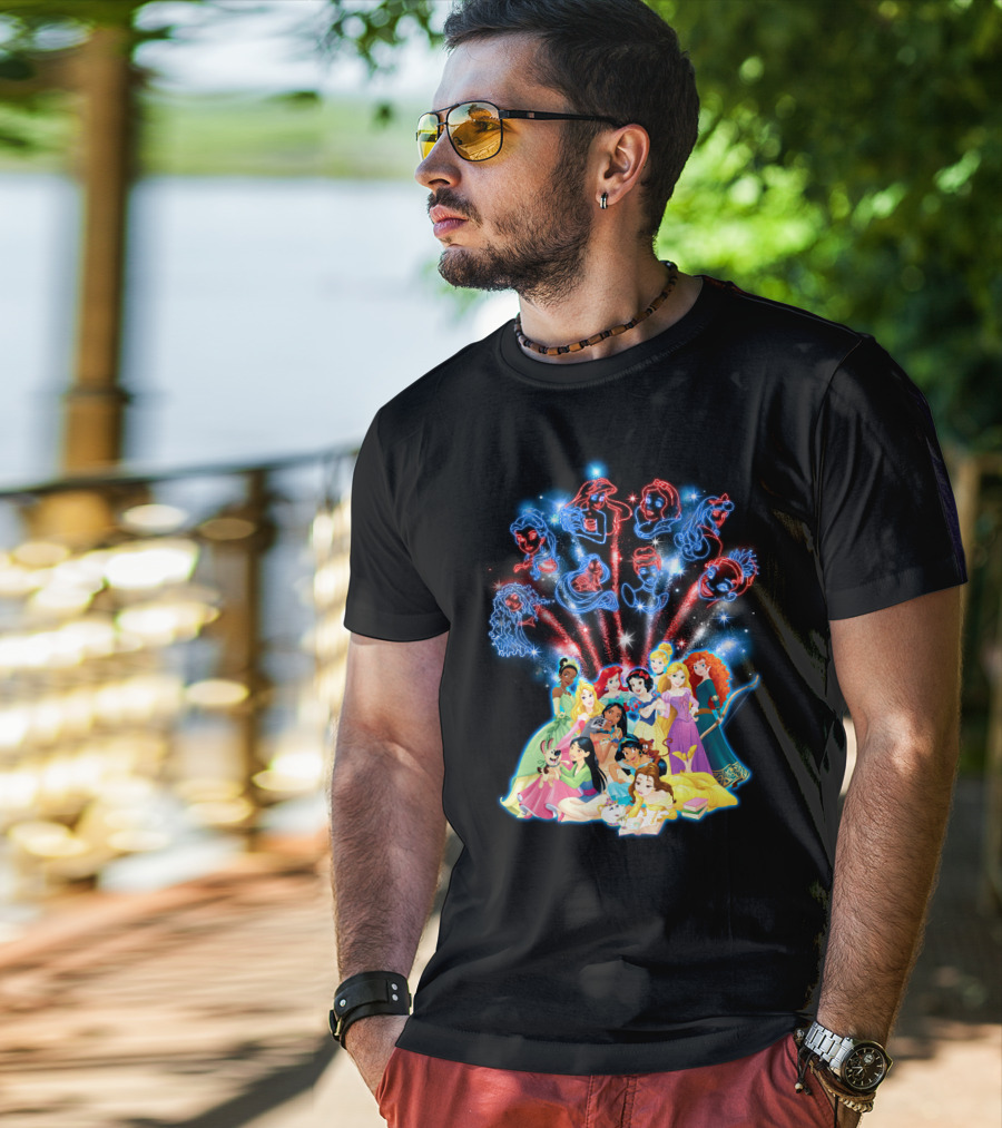 Disney Princess Characters And Fireworks T-Shirt