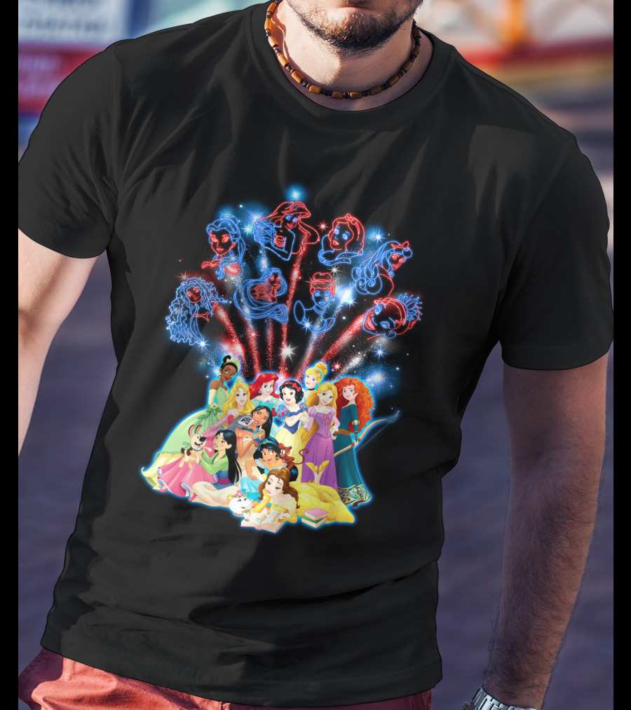 Disney Princess Characters And Fireworks T-Shirt