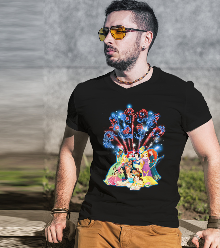 Disney Princess Characters And Fireworks T-Shirt