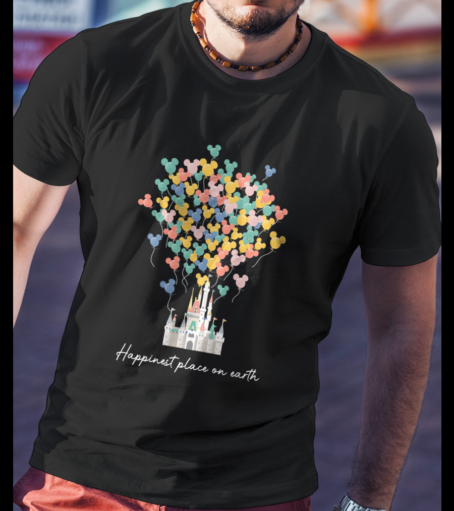Happiest Place On Earth Disney Castle With Mickey Balloons T-Shirt