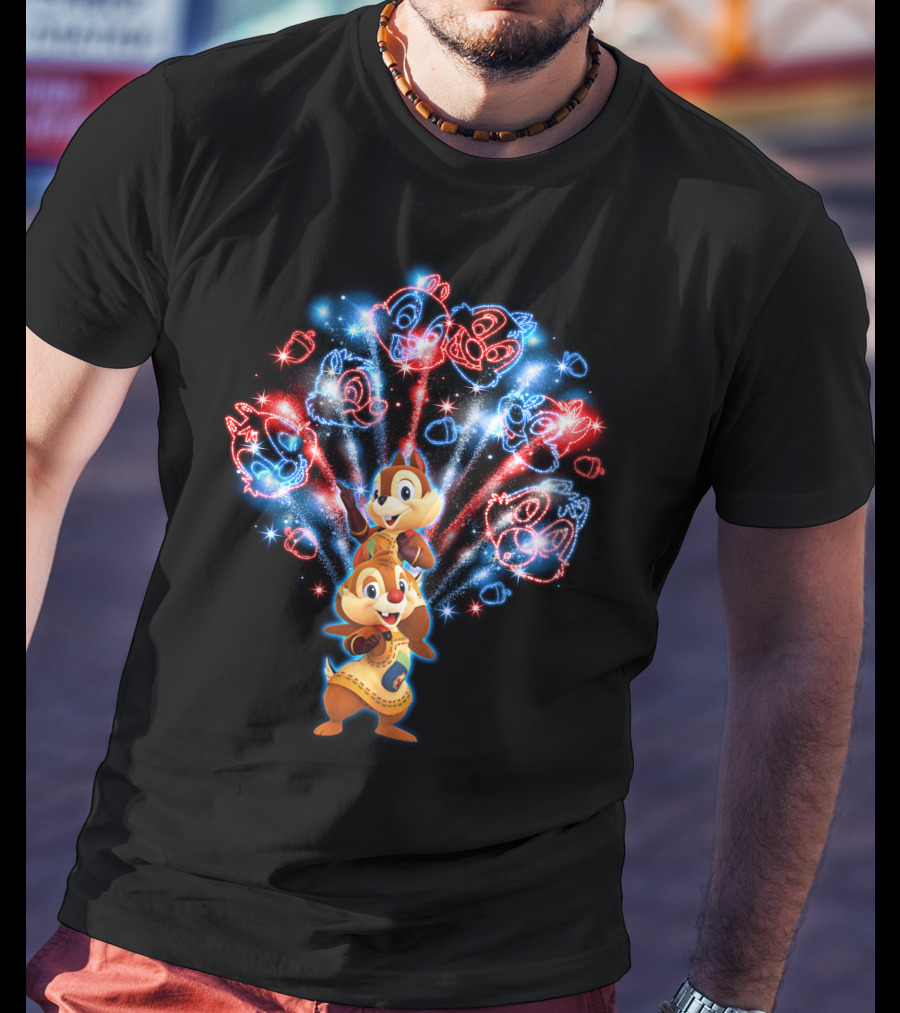 Chip N Dale Red And Blue Firework Display With Chipmunk Faces T-Shirt
