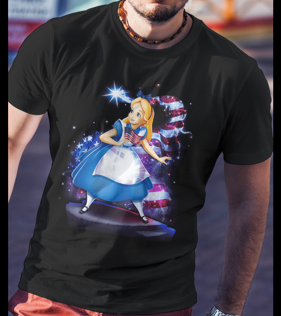 Alice Holding American Flag In Wonderland With Stars And Stripes Background T-Shirt