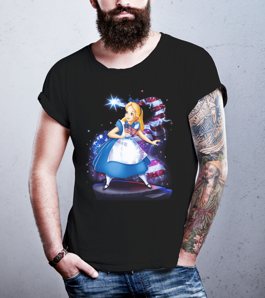 Alice Holding American Flag In Wonderland With Stars And Stripes Background T-Shirt
