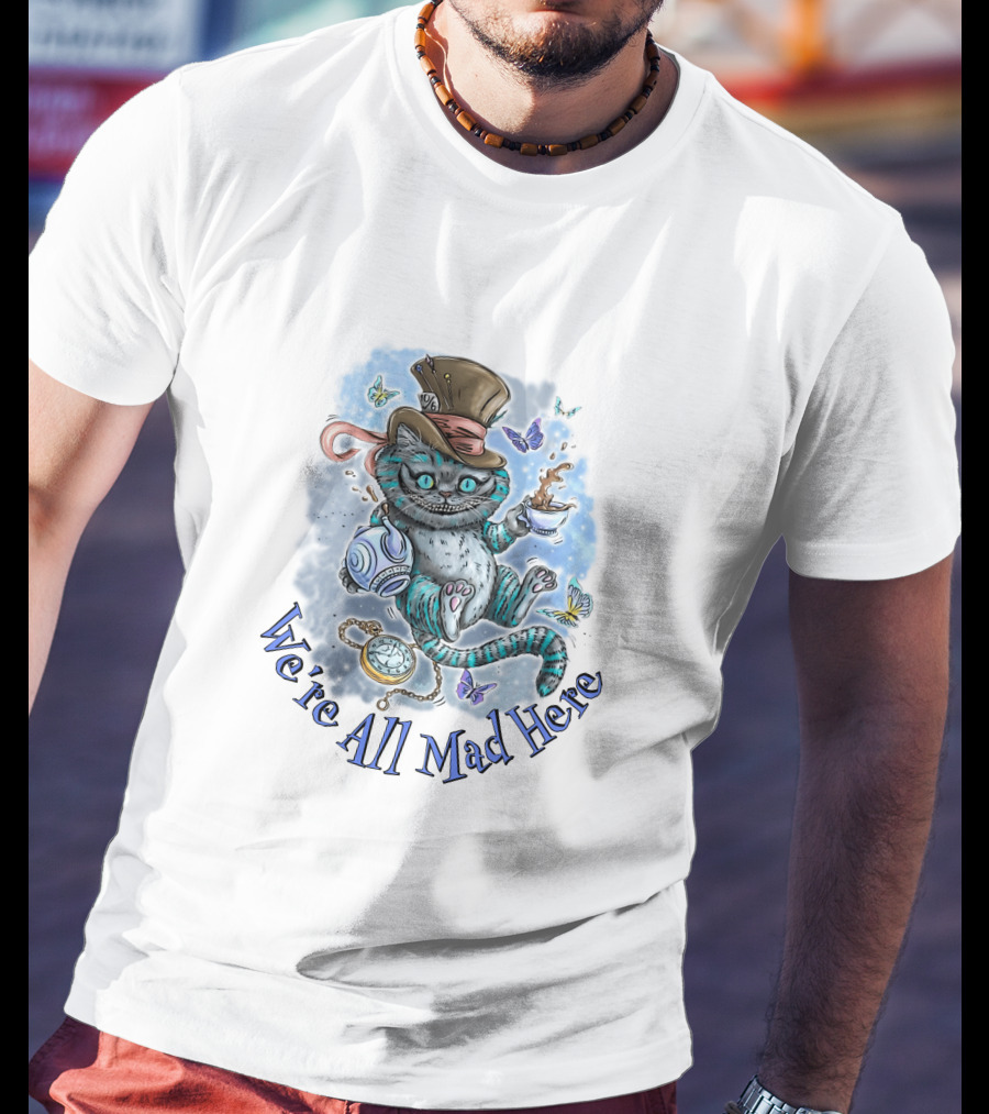 Cheshire Cat We're All Mad Here Mad Hatter Tea Party Butterflies Pocket Watch T-Shirt