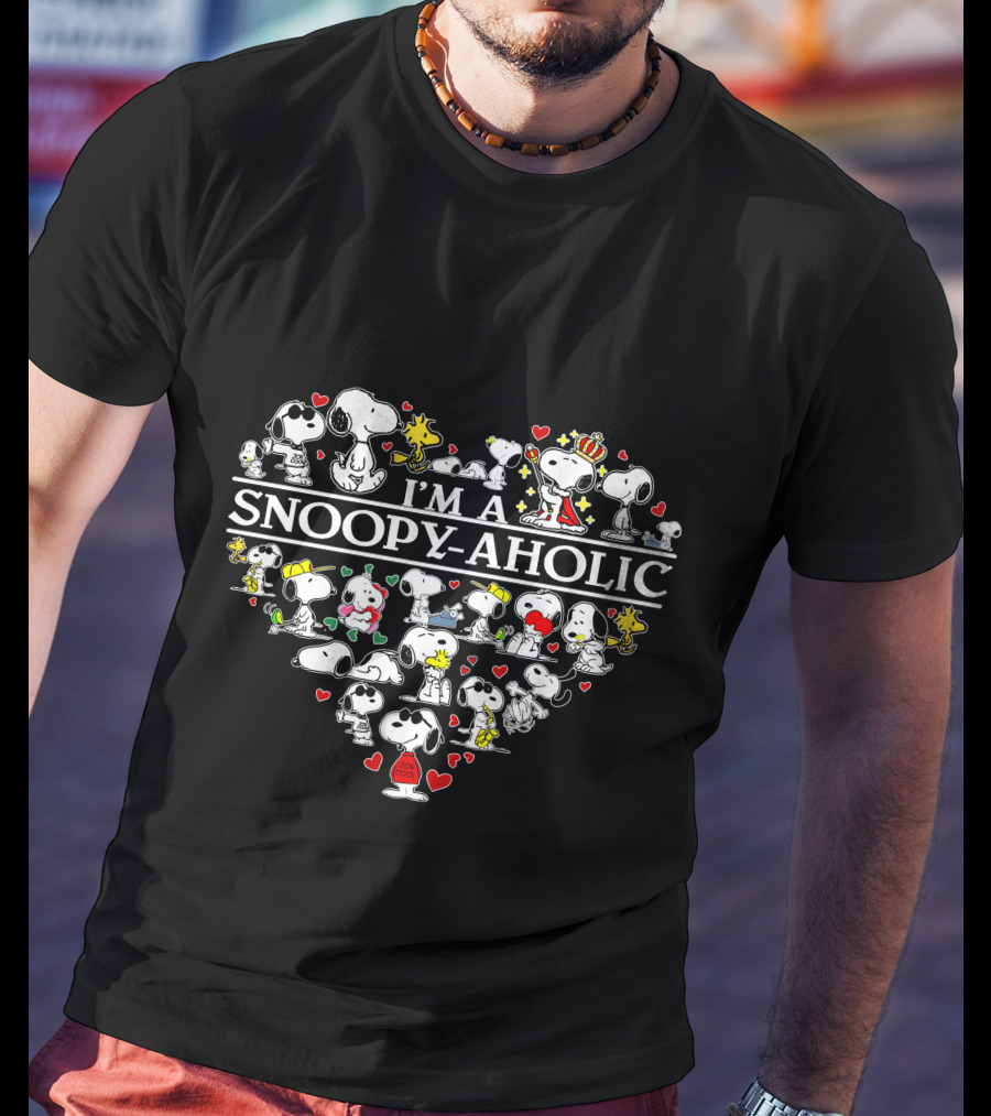 I'm A Snoopy-Aholic Peanuts Heart Collage Of Snoopy And Woodstock With Love Hearts T-Shirt