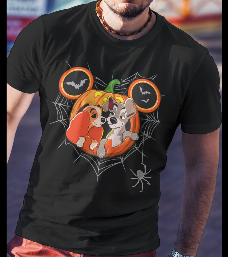Lady And The Tramp Halloween Pumpkin With Spider Web And Bats T-Shirt