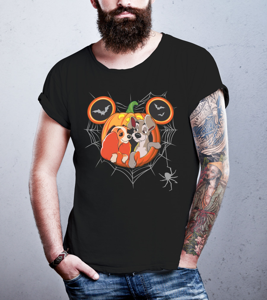 Lady And The Tramp Halloween Pumpkin With Spider Web And Bats T-Shirt
