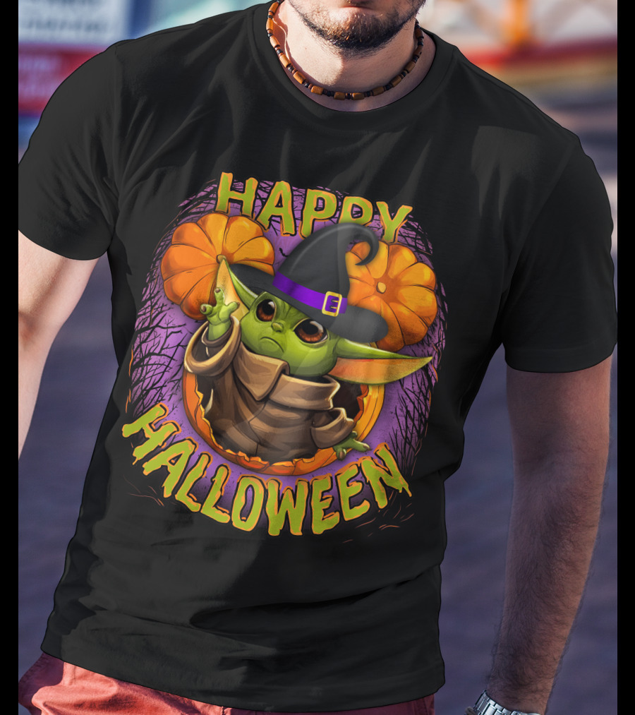 Happy Halloween Baby Yoda Magic Pumpkin Wizard Hat T-Shirt