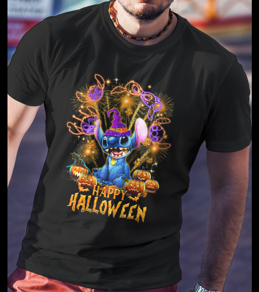 Stitch Happy Halloween Firework Display With Pumpkins And Witch Hat T-Shirt