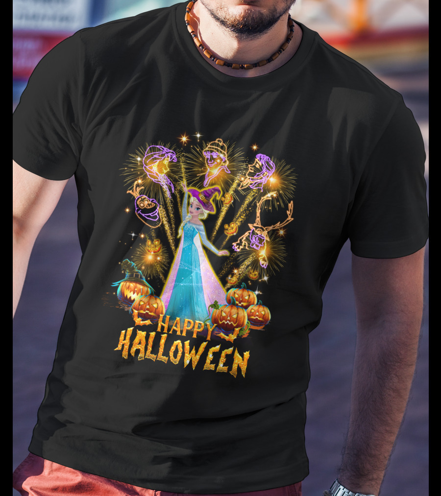 Elsa Happy Halloween With Fireworks And Pumpkins T-Shirt