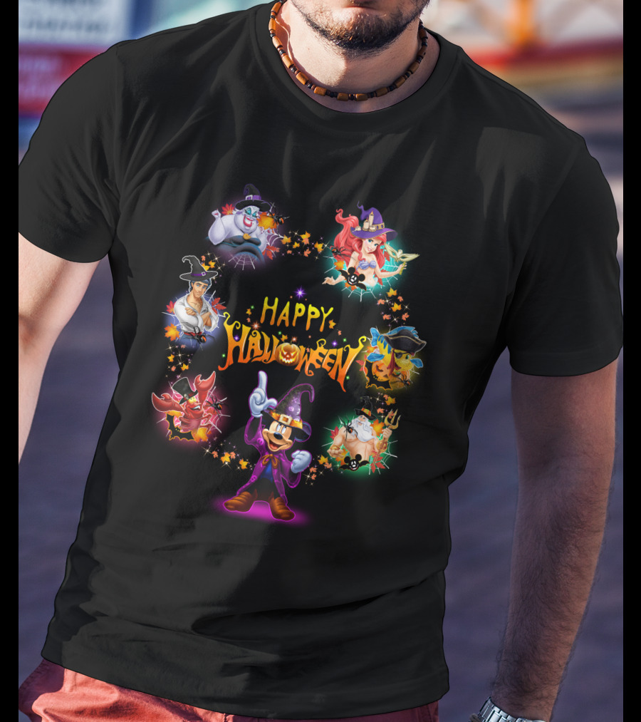 Happy Halloween Mickey Ariel Ursula Sebastian Pirate Captain Hook Disney Characters T-Shirt