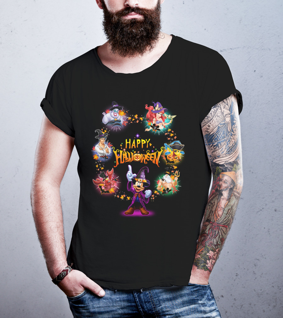 Happy Halloween Mickey Ariel Ursula Sebastian Pirate Captain Hook Disney Characters T-Shirt