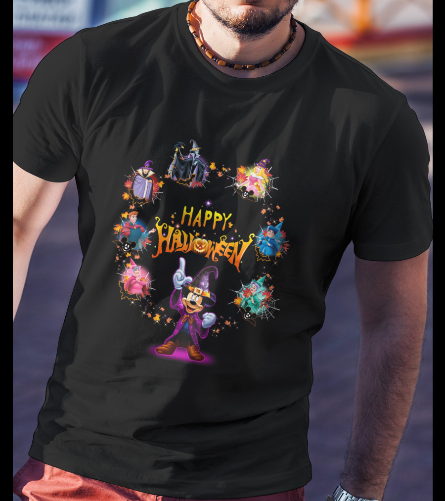 Happy Halloween Maleficent And Mickey Mouse In Wizard Outfit Magic Scene T-Shirt