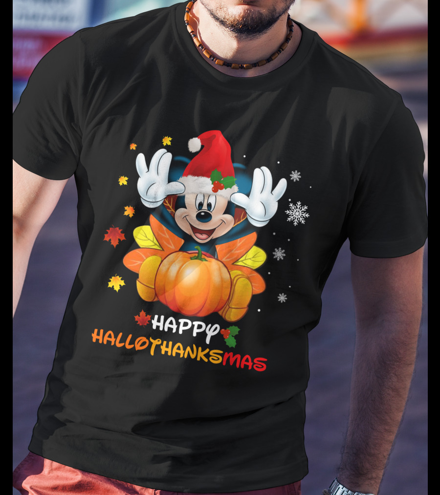Happy Mickey Hallothankmas Pumpkin Snowflakes Leaves Santa Hat T-Shirt
