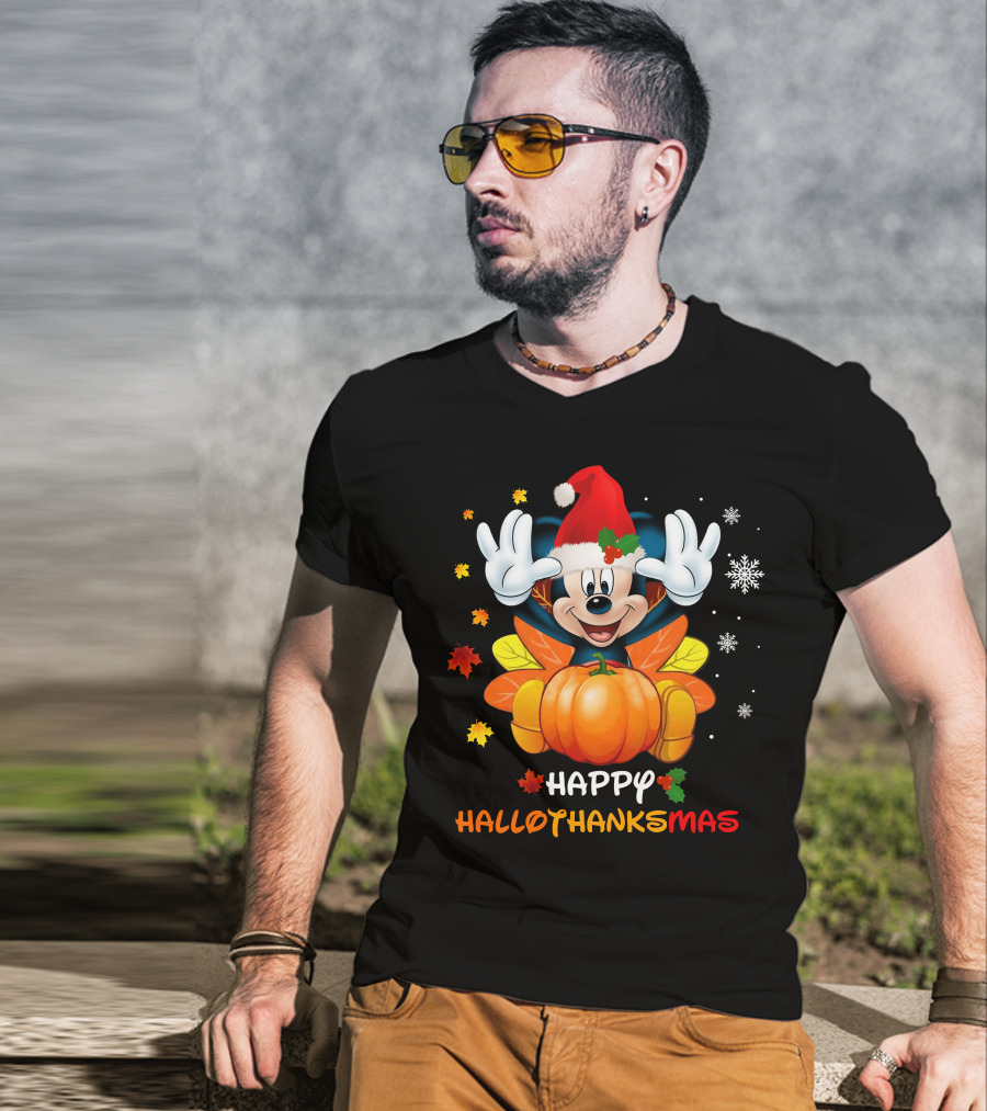 Happy Mickey Hallothankmas Pumpkin Snowflakes Leaves Santa Hat T-Shirt