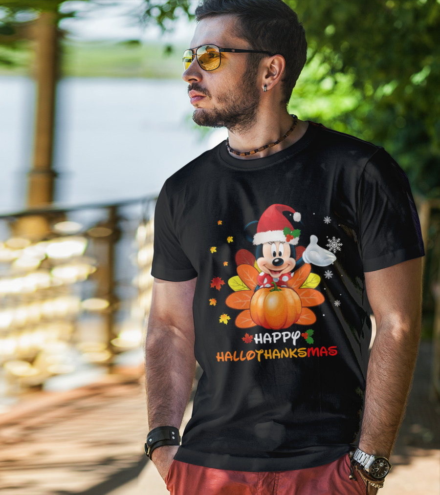 Happy Hallothankmas Minnie With Pumpkin And Santa Hat T-Shirt
