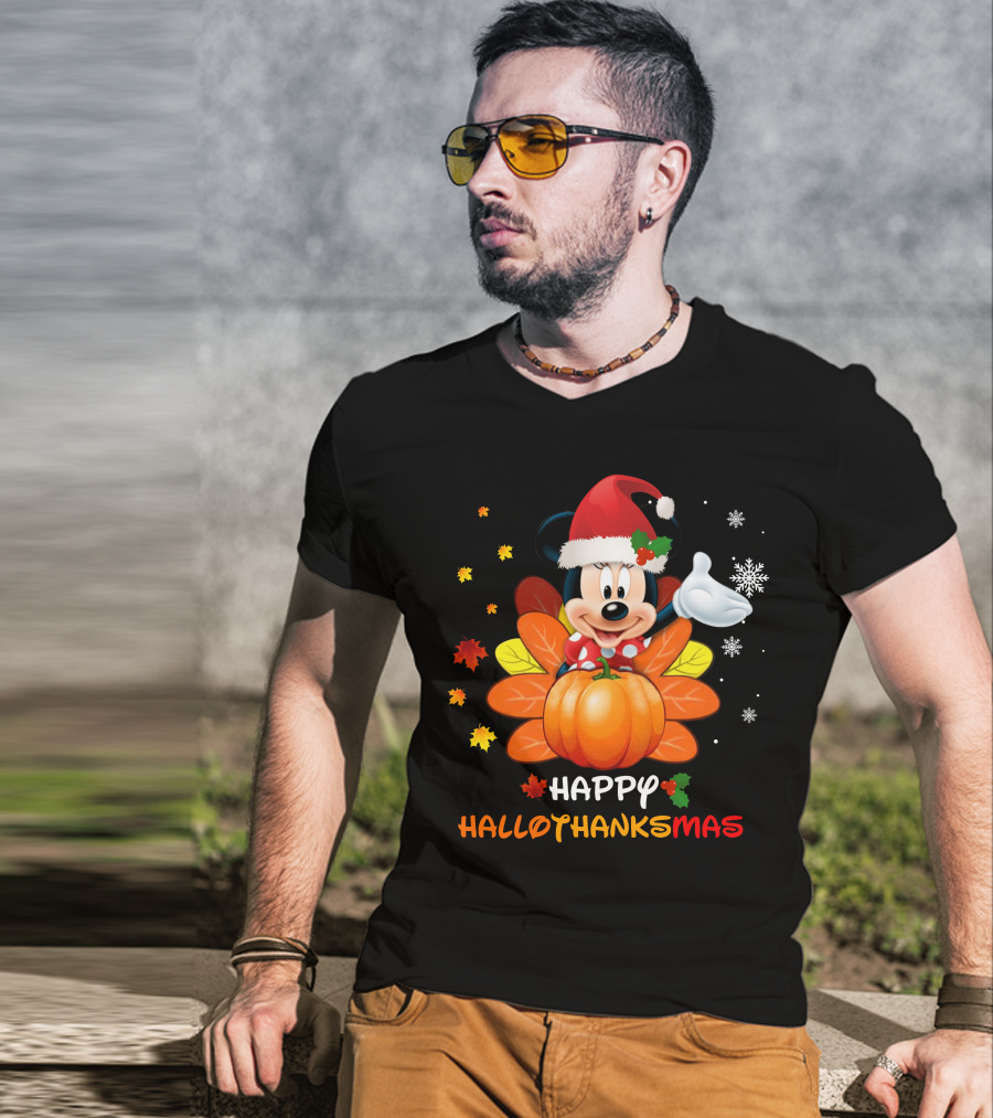 Happy Hallothankmas Minnie With Pumpkin And Santa Hat T-Shirt