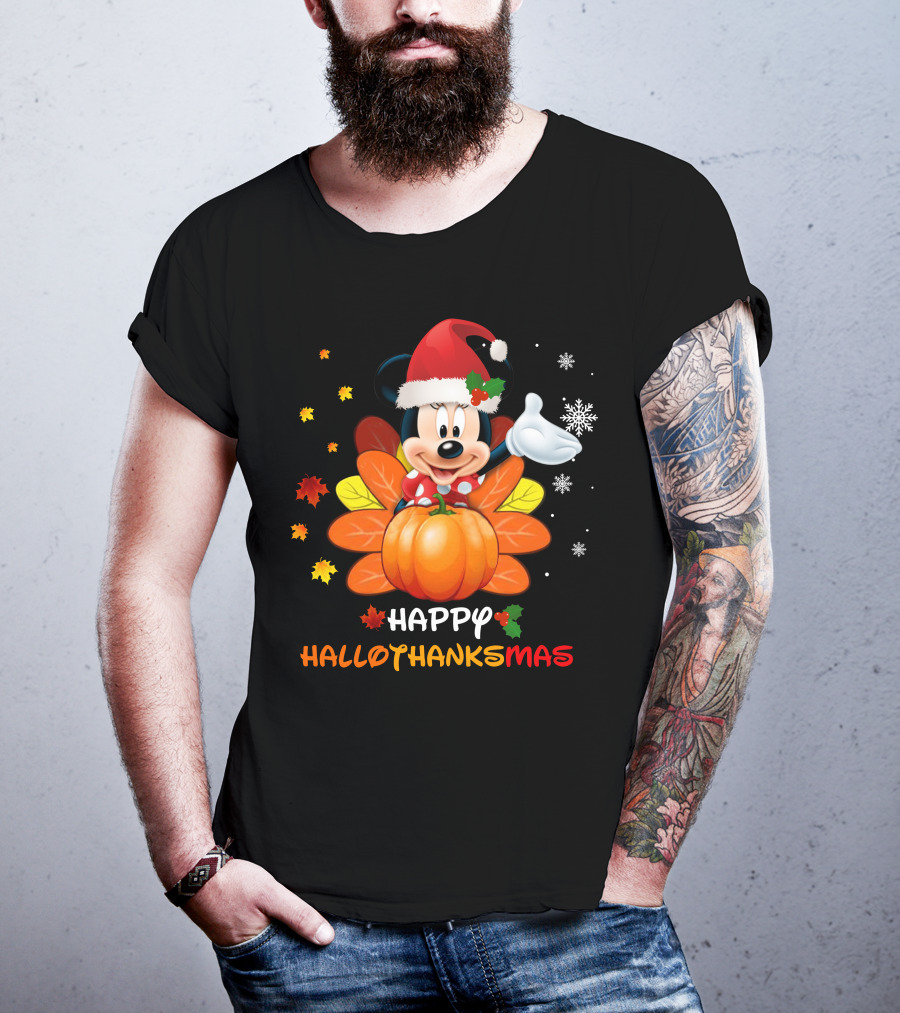 Happy Hallothankmas Minnie With Pumpkin And Santa Hat T-Shirt