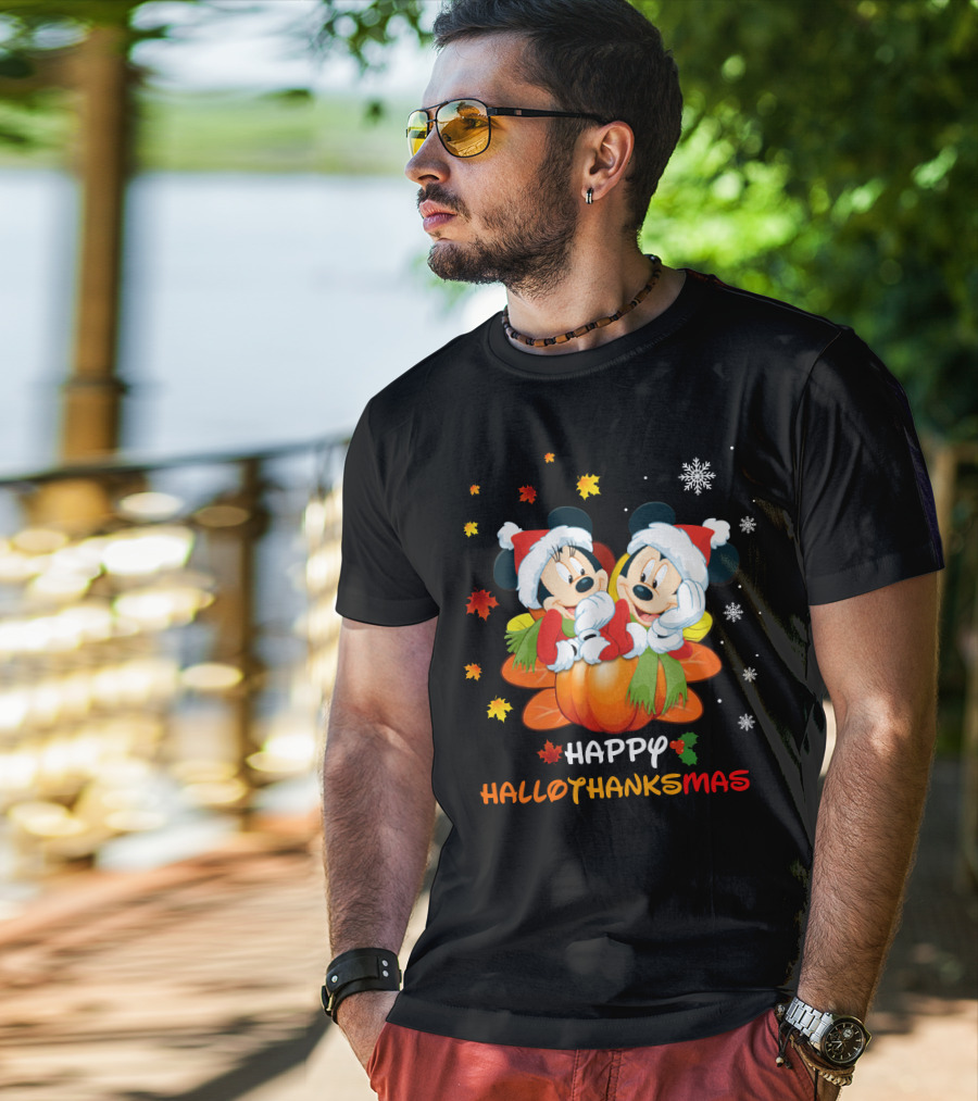 Happy Mickey And Minnie Hallothankmas Snowflakes Pumpkins Leaves T-Shirt