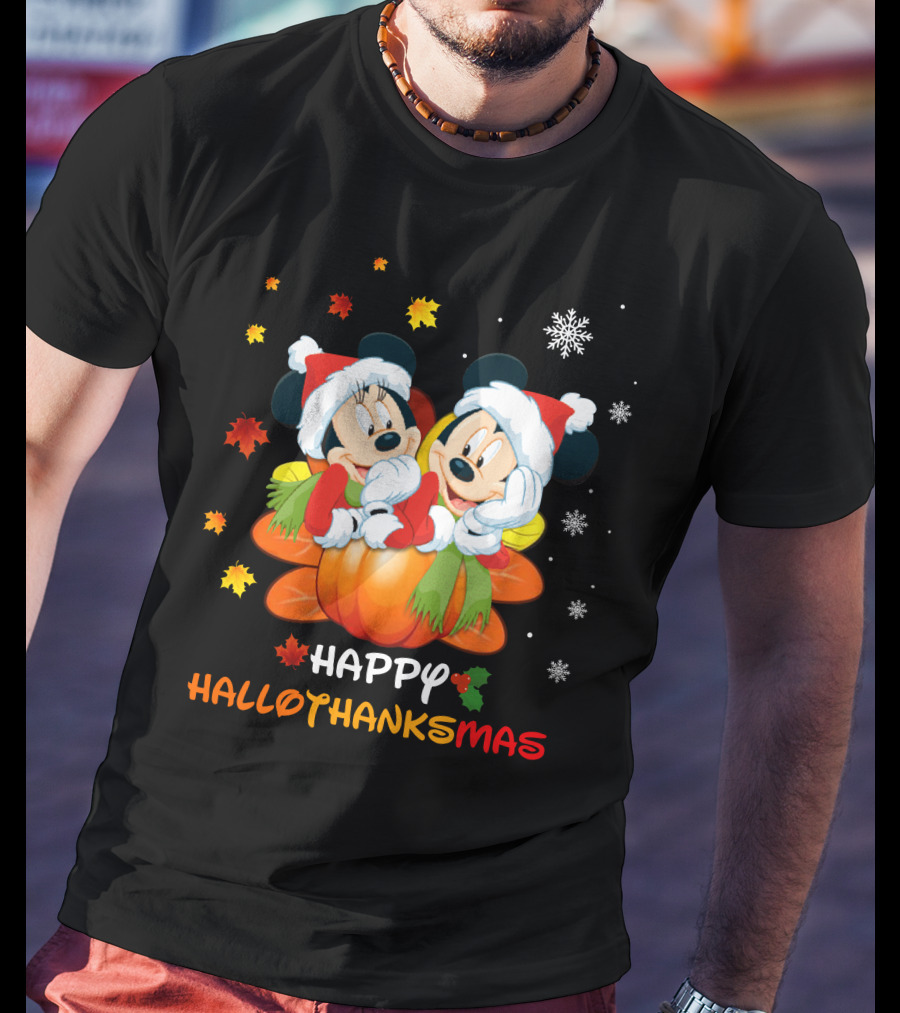 Happy Mickey And Minnie Hallothankmas Snowflakes Pumpkins Leaves T-Shirt