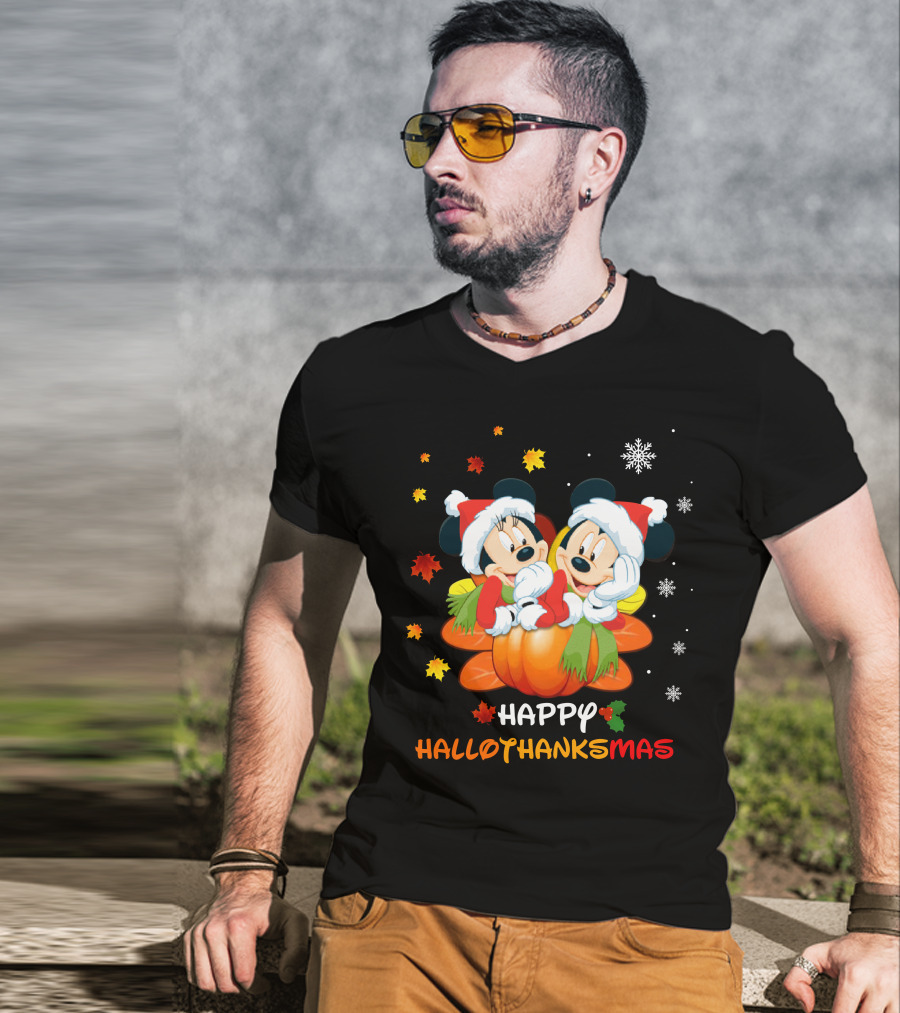 Happy Mickey And Minnie Hallothankmas Snowflakes Pumpkins Leaves T-Shirt