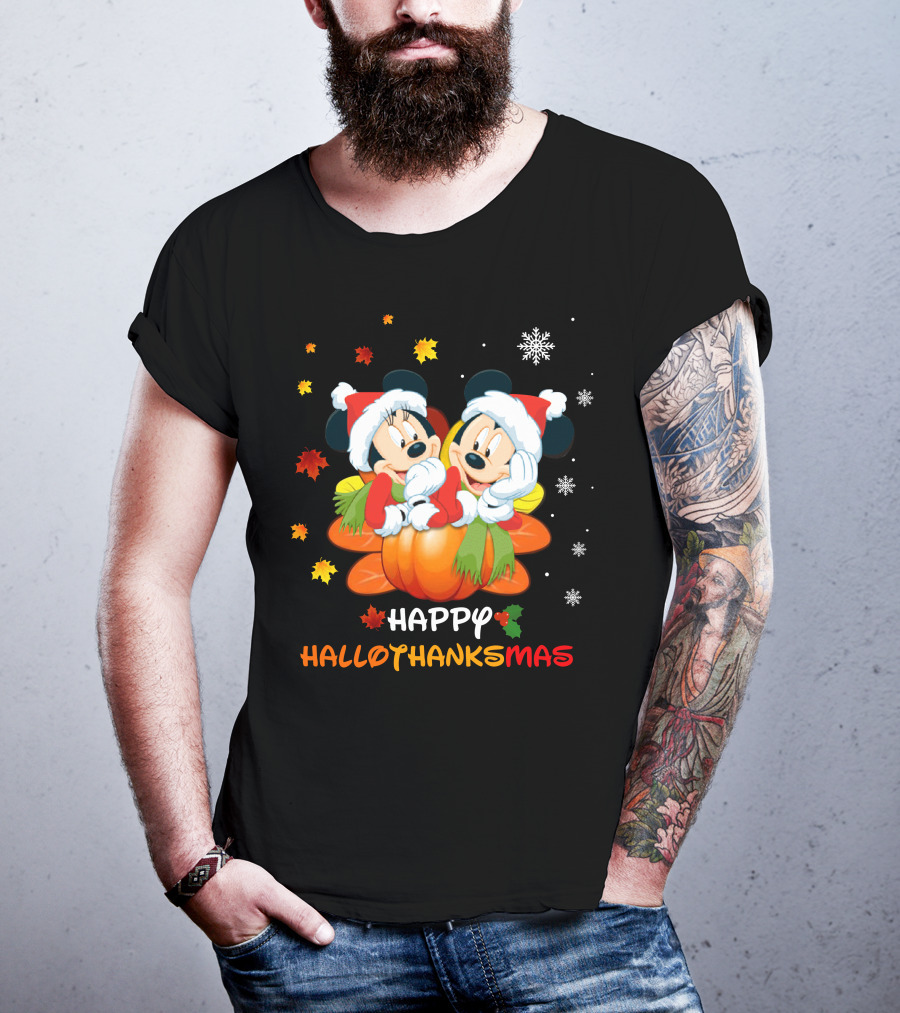 Happy Mickey And Minnie Hallothankmas Snowflakes Pumpkins Leaves T-Shirt
